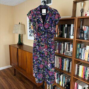 Anthropologie Black Flowered Midcentury-style Shirt Dress Size 8